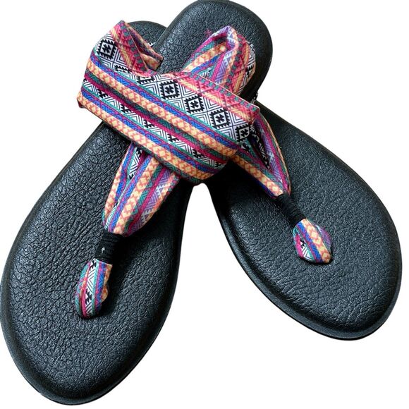 Sanuk Sandals Women 11 Yoga Sling 2 Aztec Boho Slingback Thong Multicolor Fabric - Picture 1 of 8